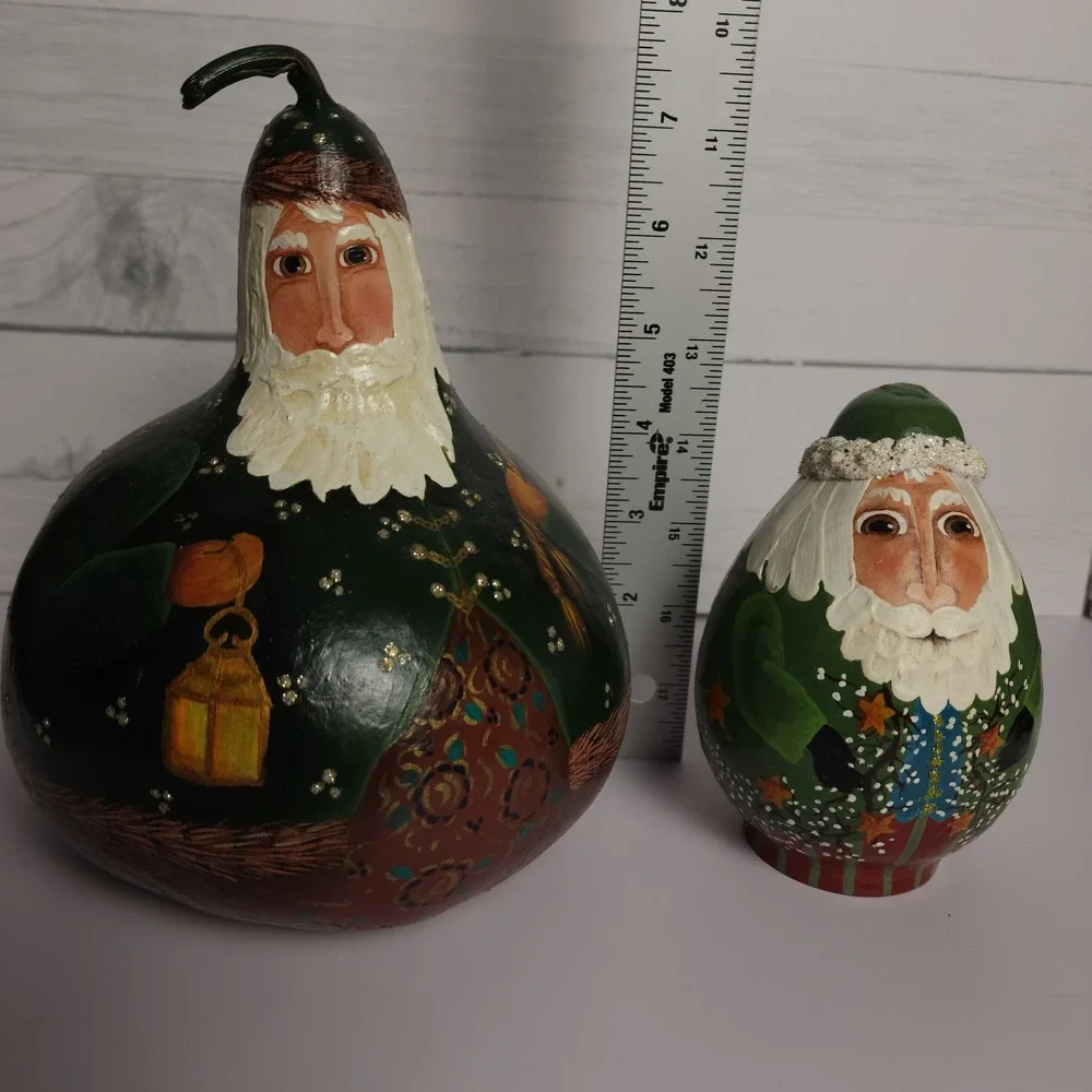 Hand Painted Gourd Santa Figurines Set of 2 Sigend‎ by Regina Schafer